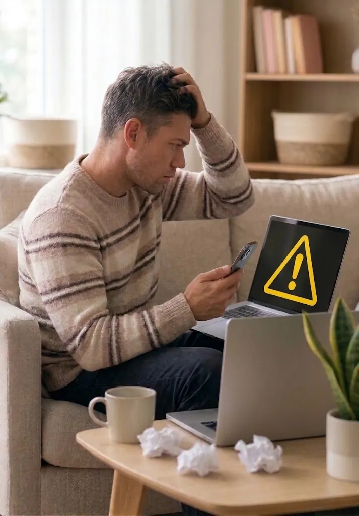 A frustrated man on a sofa holding his iPhone, with a laptop showing a warning sign after a photo upload failed